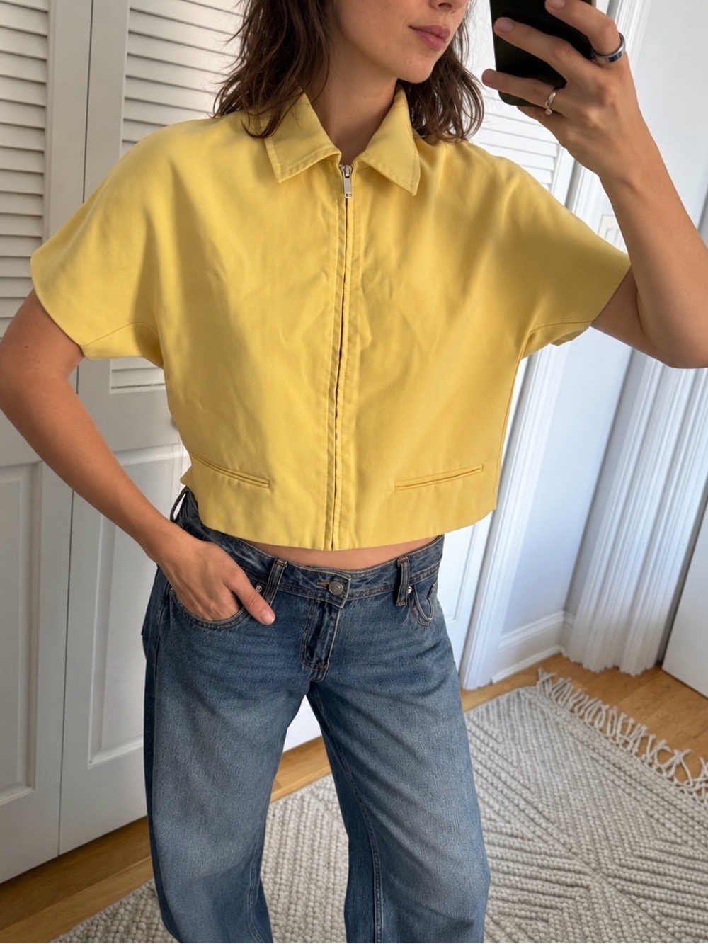 Zara Yellow Cropped Zip-Front But Jacket